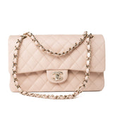 CHANEL Handbag Pink 22c Beige Caviar Quilted Classic Flap Light Gold Hardware - Redeluxe