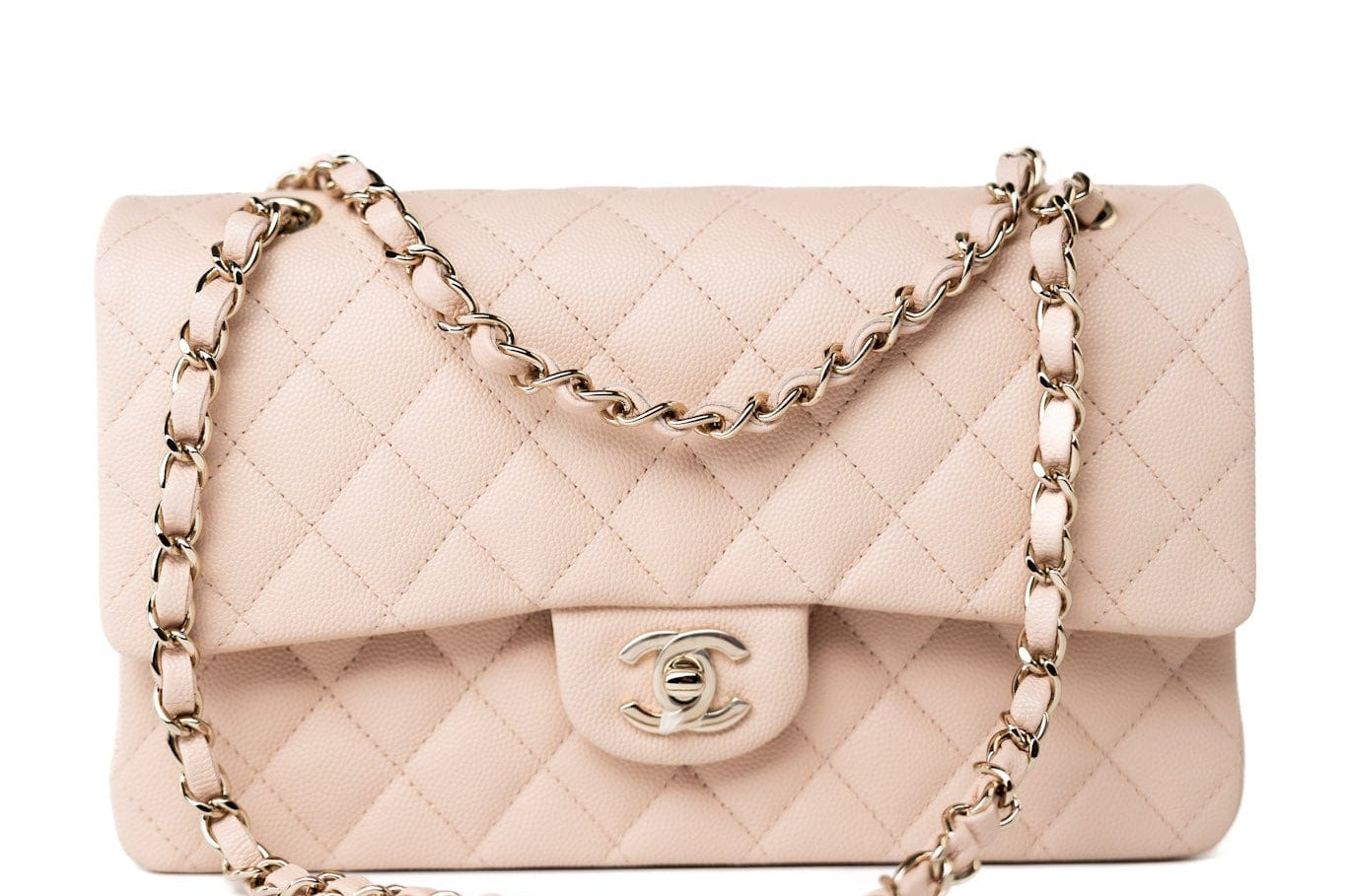 CHANEL Handbag Pink 22c Beige Caviar Quilted Classic Flap Light Gold Hardware - Redeluxe