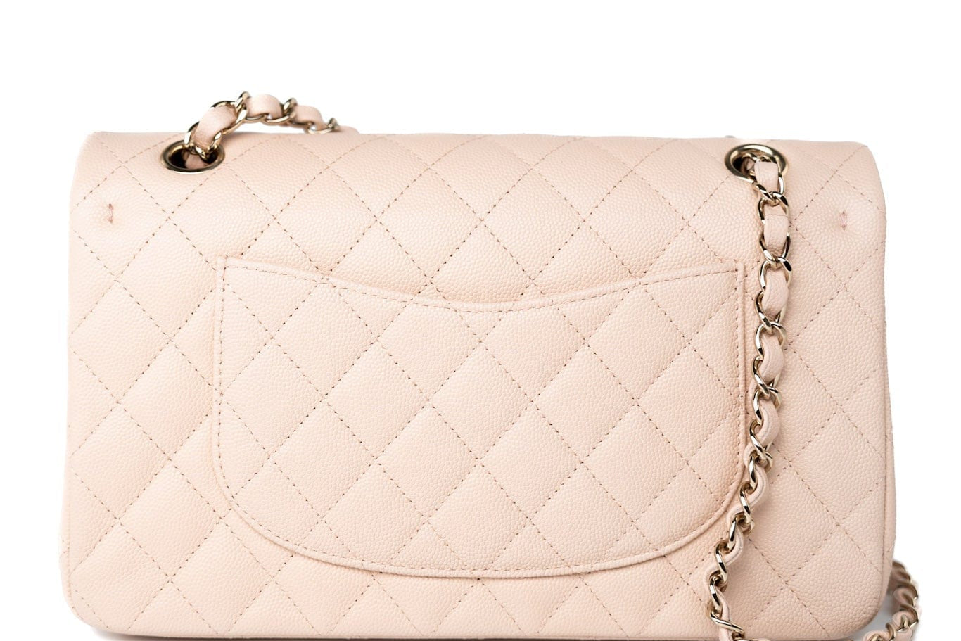 CHANEL Handbag Pink 22c Beige Caviar Quilted Classic Flap Light Gold Hardware - Redeluxe