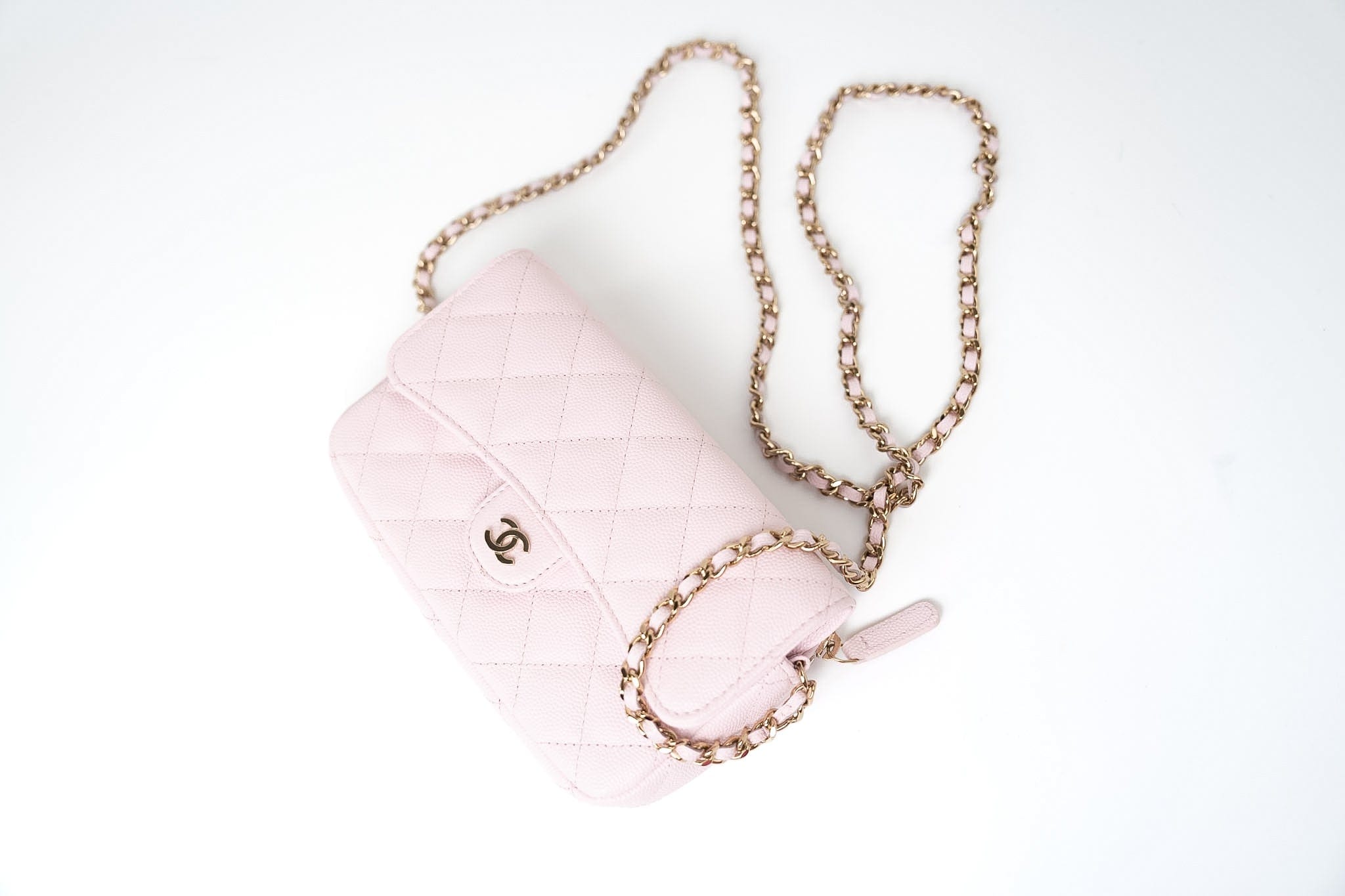 CHANEL Handbag Pink 22P Light Pink Caviar Quilted Flap Phone Holder with Classic Chain LGHW - Redeluxe