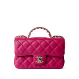 CHANEL Handbag Pink 23A Dark Pink Lambskin Quilted Mini Flap Bag with Jeweled Top Handle Light Gold Hardware - Redeluxe