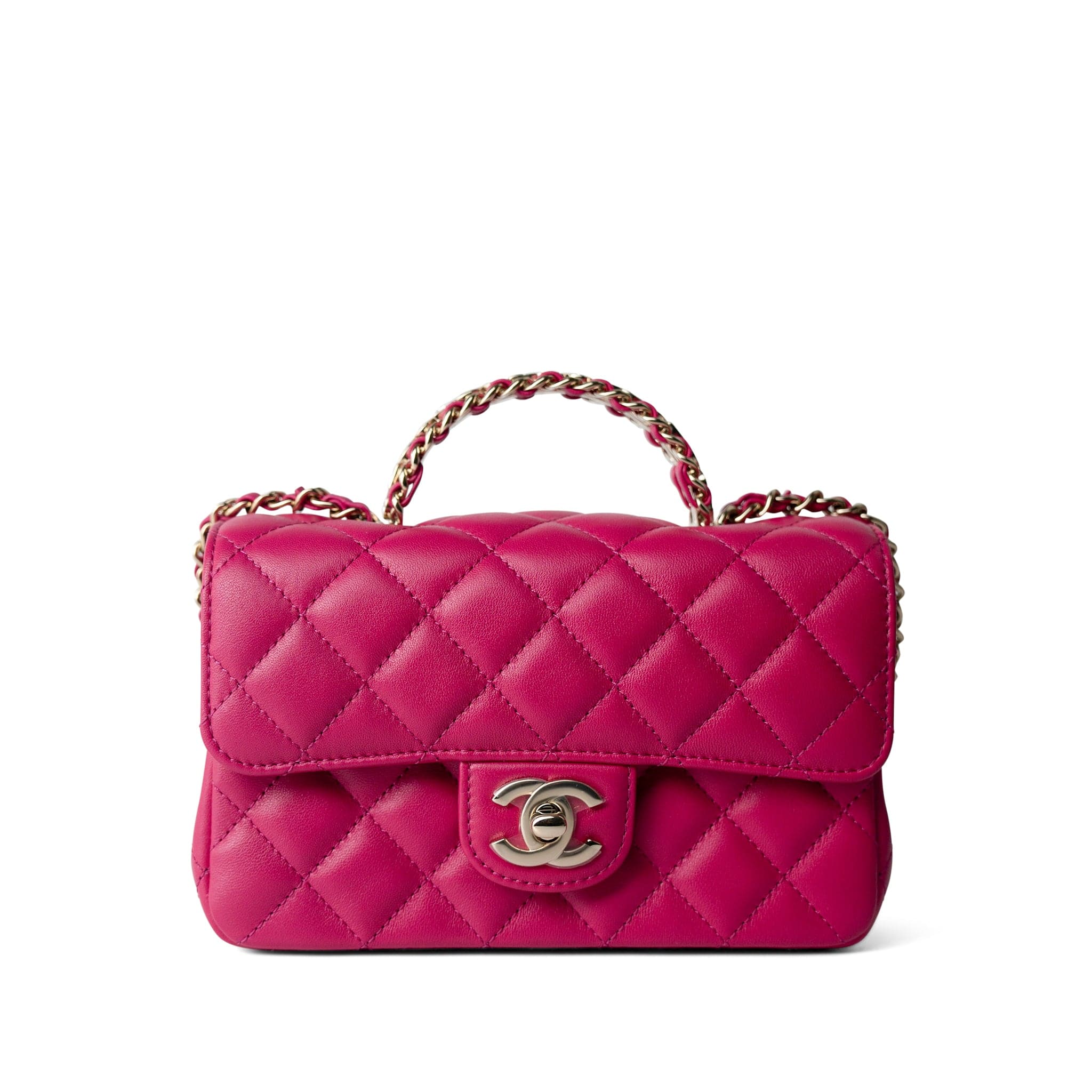 CHANEL Handbag Pink 23A Dark Pink Lambskin Quilted Mini Flap Bag with Jeweled Top Handle Light Gold Hardware - Redeluxe