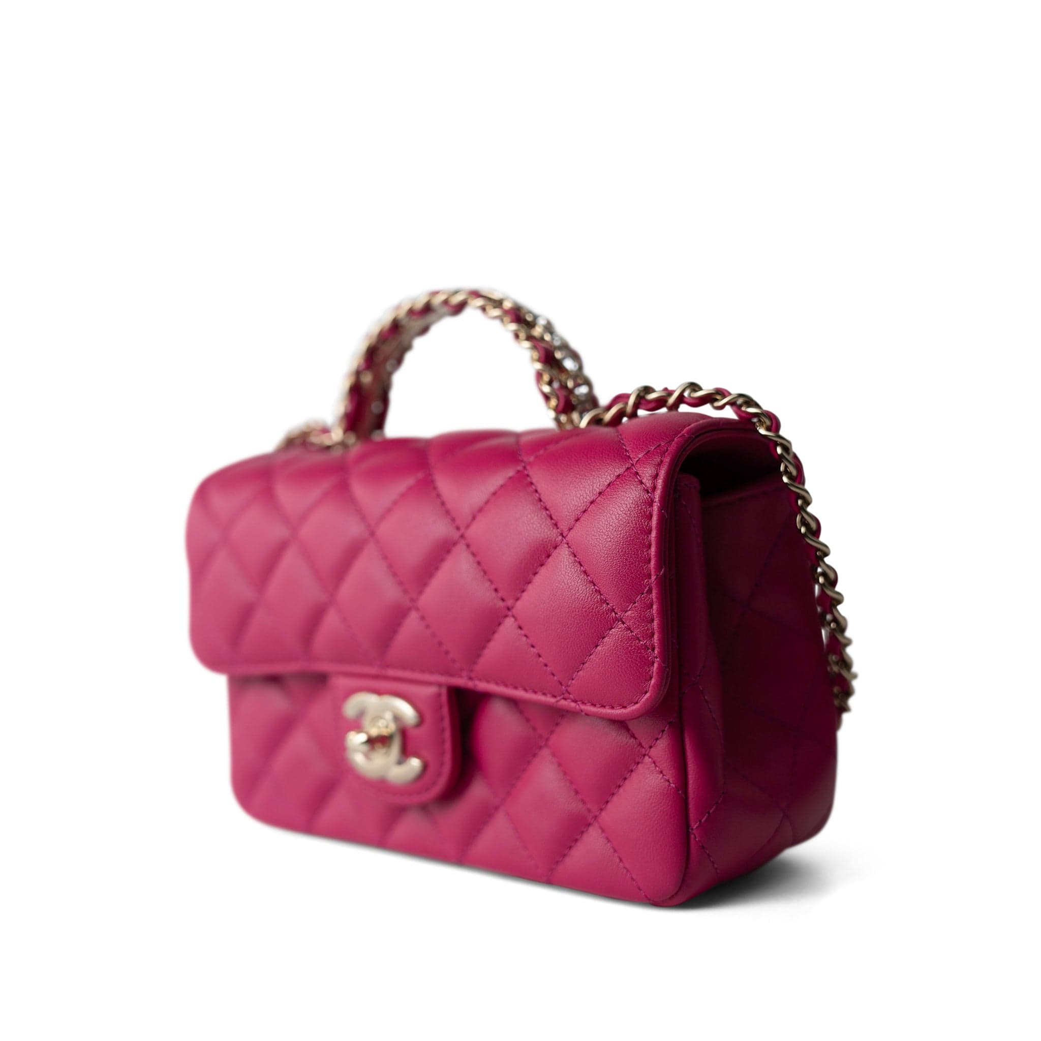 CHANEL Handbag Pink 23A Dark Pink Lambskin Quilted Mini Flap Bag with Jeweled Top Handle Light Gold Hardware - Redeluxe