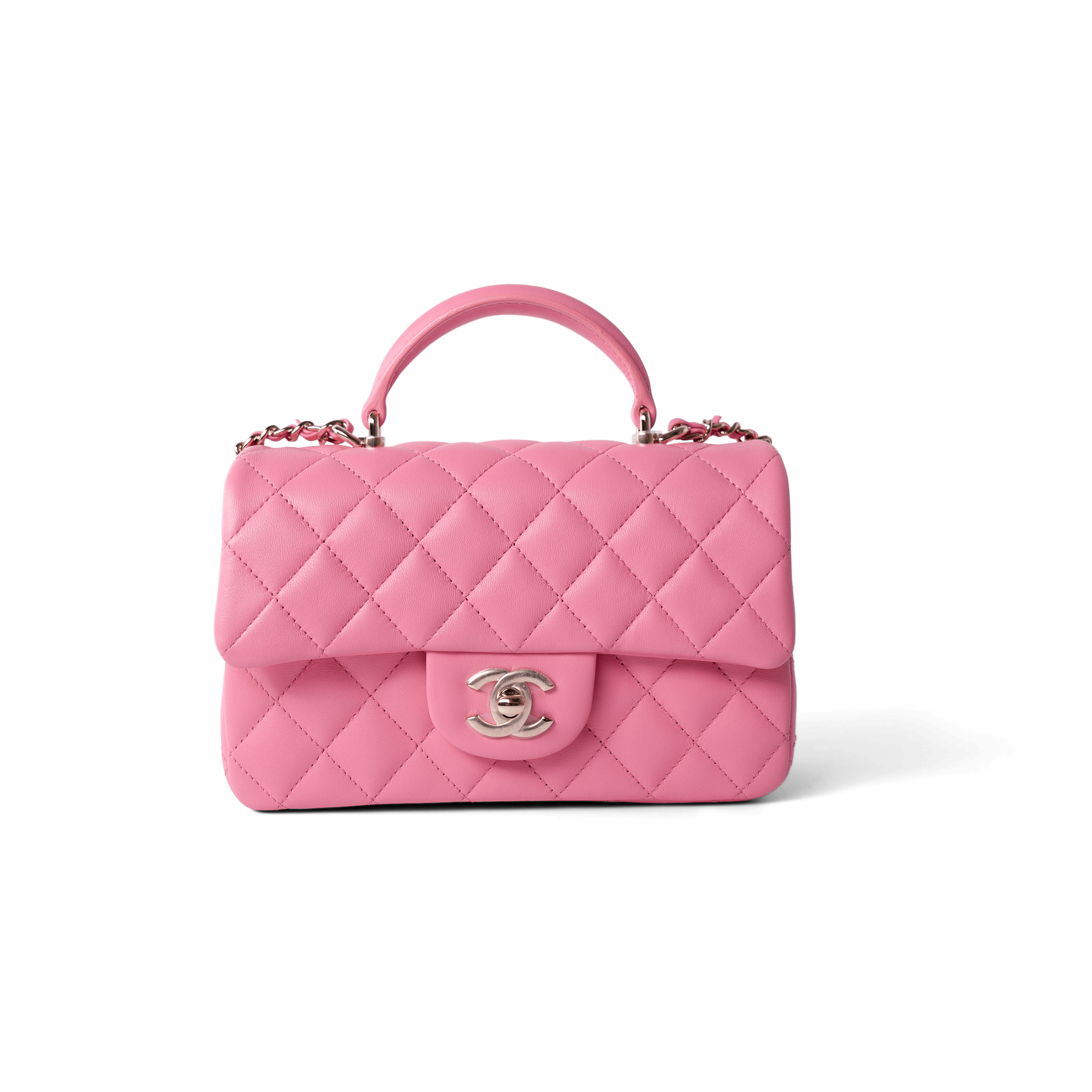 CHANEL Handbag Pink 23P Pink Lambskin Quilted Mini Top Handle Light Gold Hardware - Redeluxe