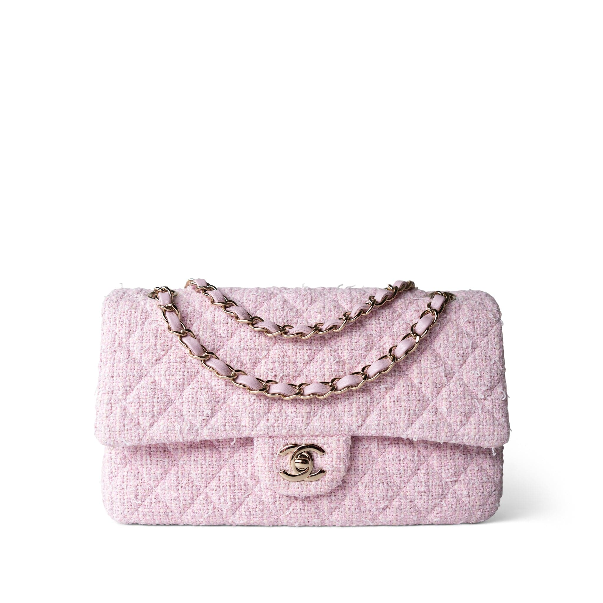 CHANEL Handbag Pink / Classic flap 21S Pink Tweed Quilted Classic Flap Medium Light Gold Hardware - Redeluxe