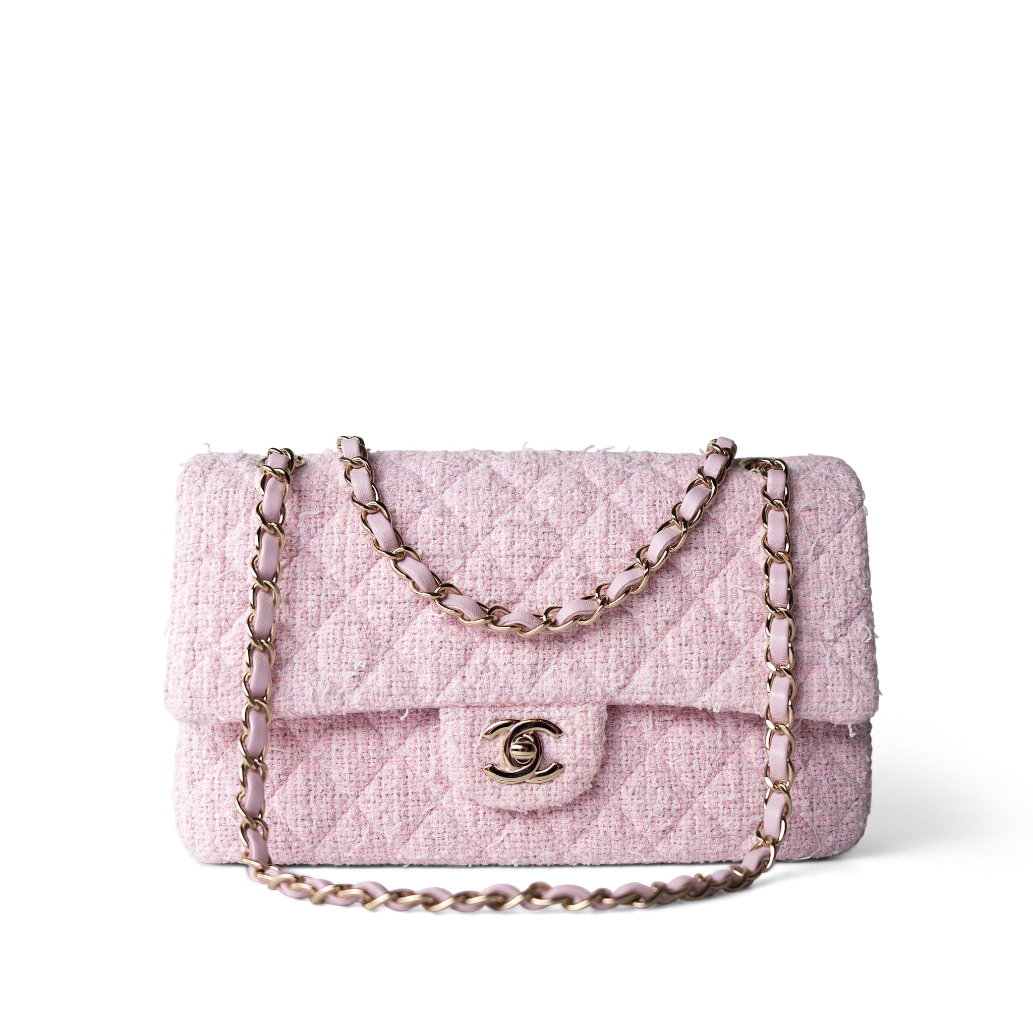 CHANEL Handbag Pink / Classic flap 21S Pink Tweed Quilted Classic Flap Medium Light Gold Hardware - Redeluxe