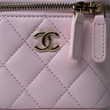 CHANEL Handbag Pink Light Pink Lambskin Quilted Mini Vanity Case With Pearl Chain - Redeluxe