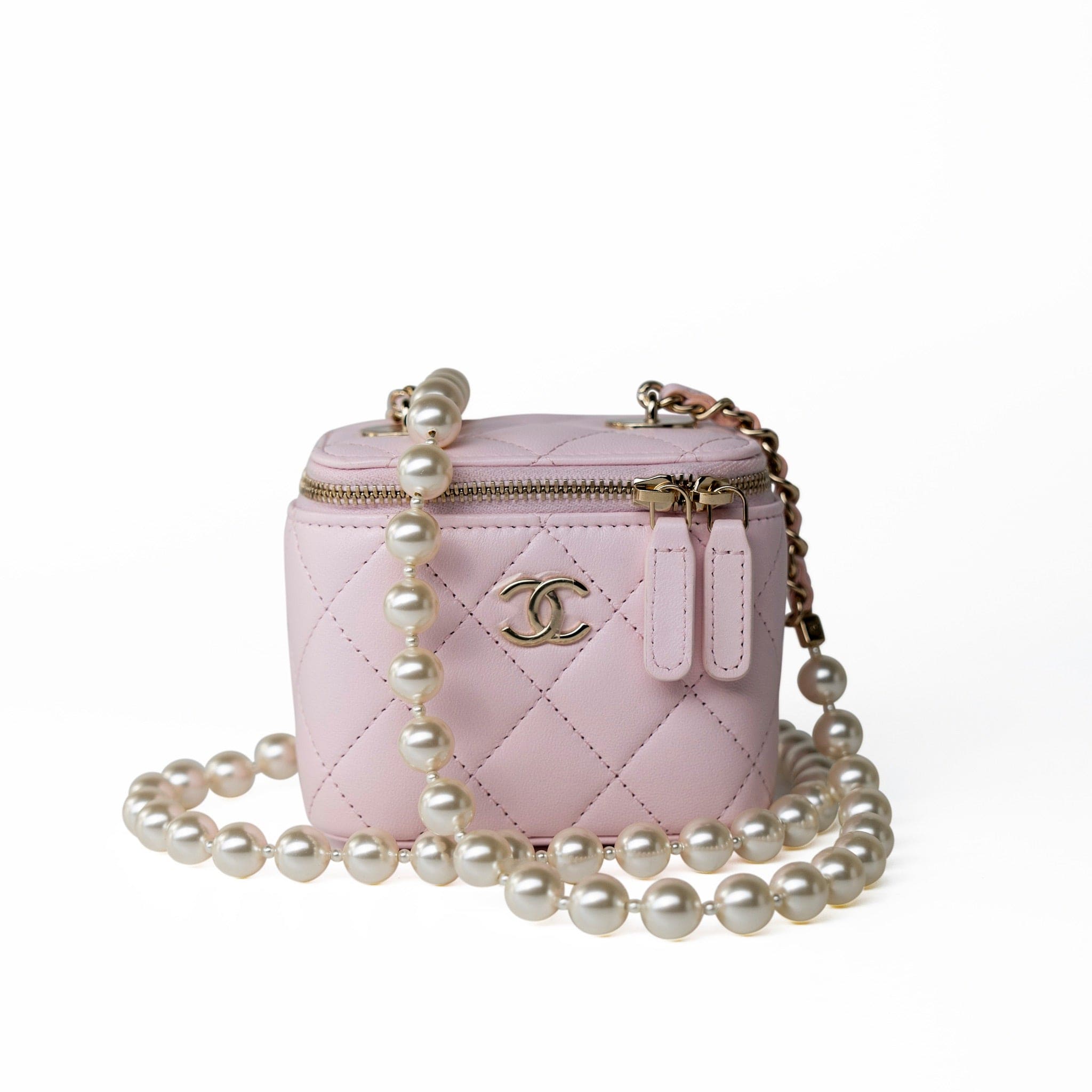 CHANEL Handbag Pink Light Pink Lambskin Quilted Mini Vanity Case With Pearl Chain - Redeluxe