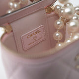 CHANEL Handbag Pink Light Pink Lambskin Quilted Mini Vanity Case With Pearl Chain - Redeluxe