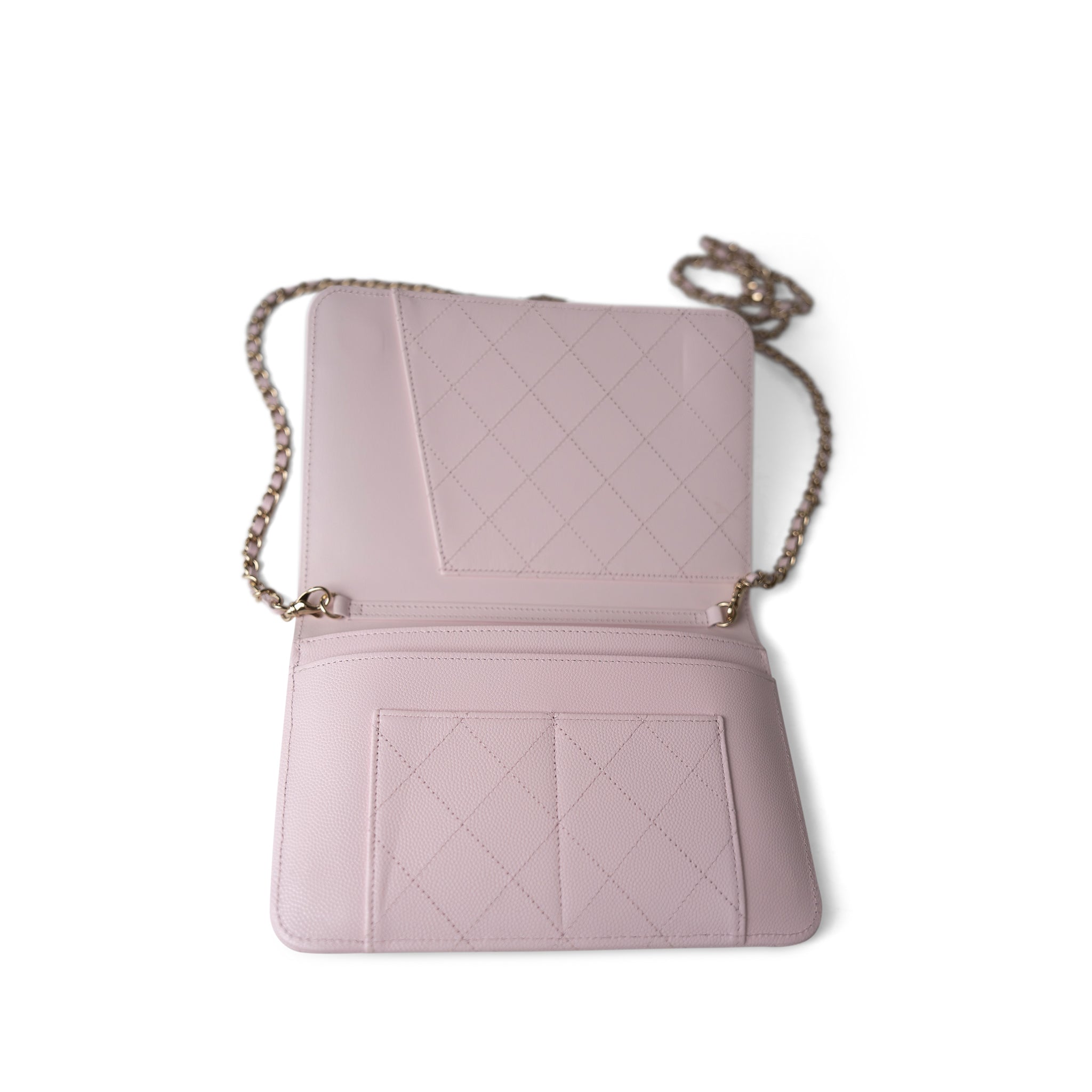 CHANEL Handbag Pink Travel Wallet on Chain Light Pink Caviar Quilted Light Gold Hardware - Redeluxe