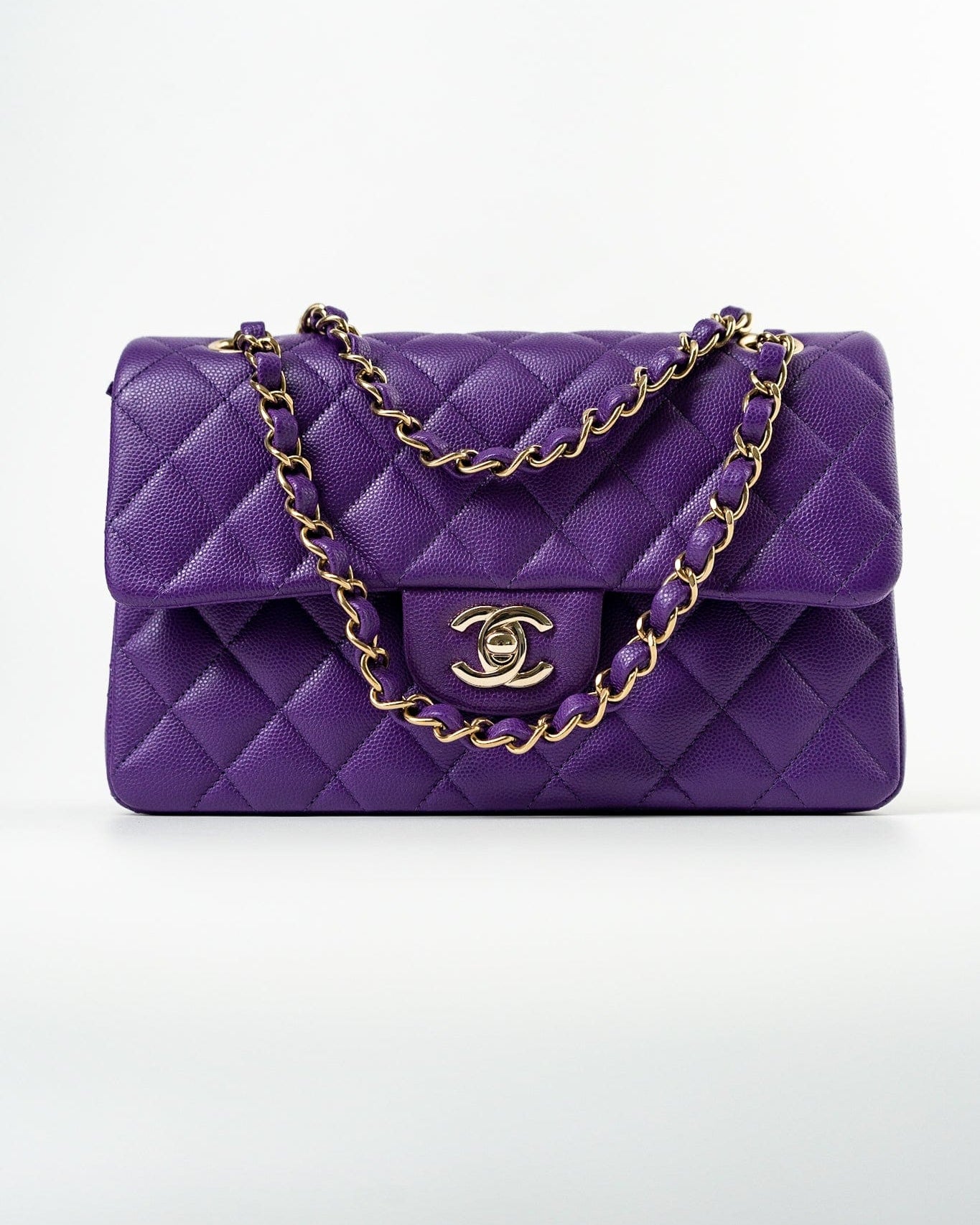 CHANEL Handbag Purple 22A Purple Caviar Quilted Small Classic Flap Light Gold Hardware - Redeluxe