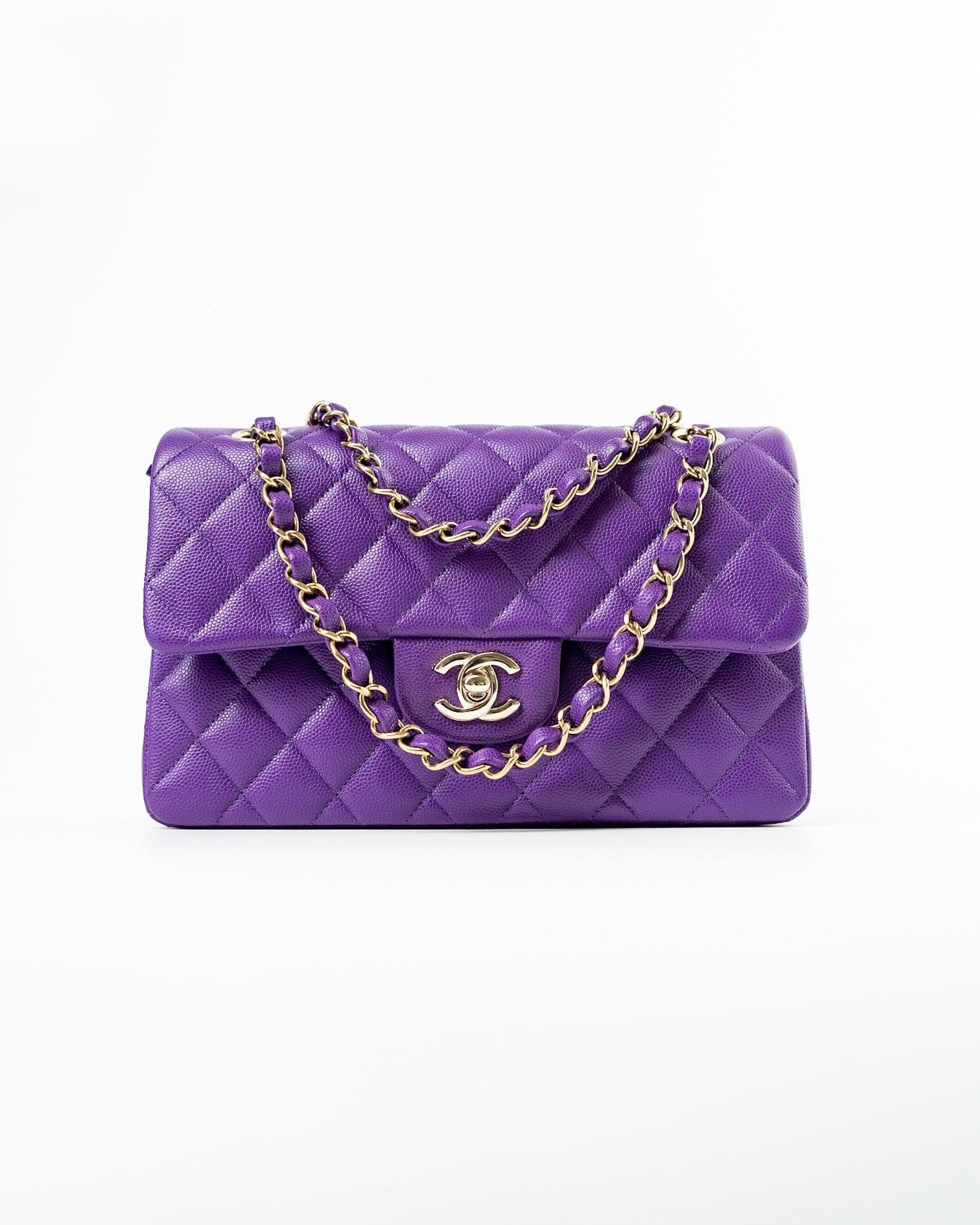 CHANEL Handbag Purple 22A Purple Caviar Quilted Small Classic Flap Light Gold Hardware - Redeluxe