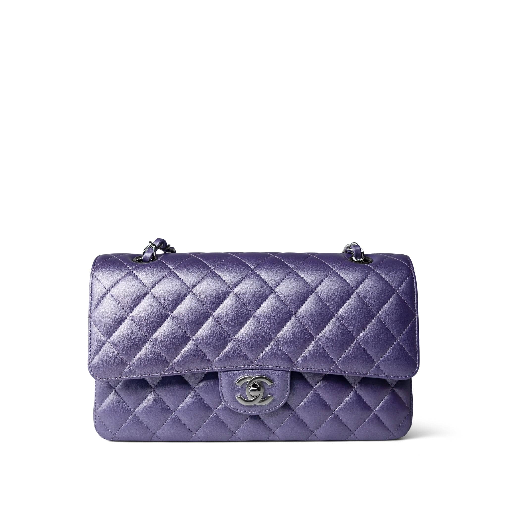 CHANEL Handbag Purple 23P Metallic Purple Lambskin Quilted Classic Flap Medium Silver Hardware - Redeluxe