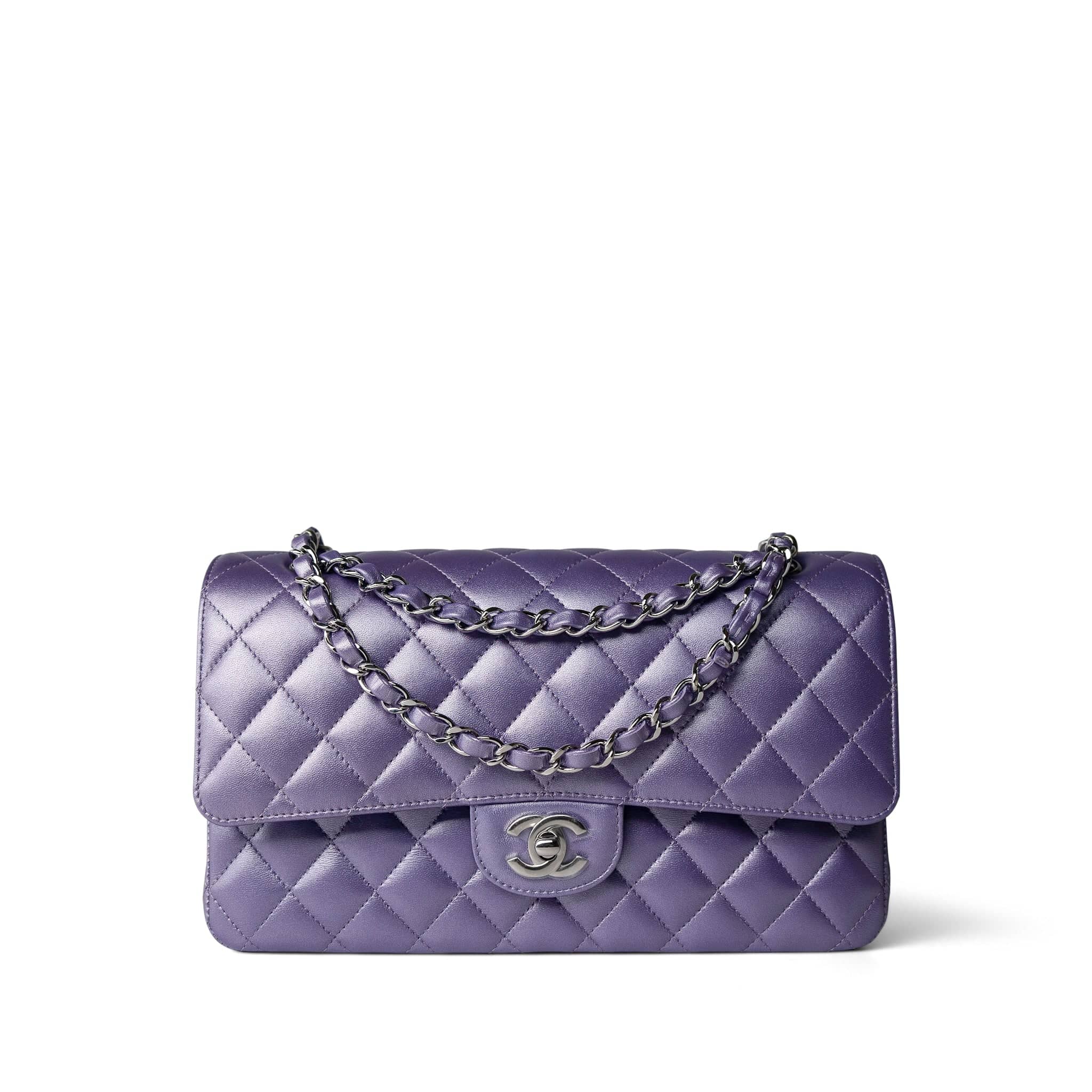 CHANEL Handbag Purple 23P Metallic Purple Lambskin Quilted Classic Flap Medium Silver Hardware - Redeluxe