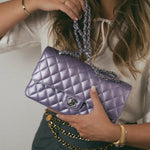 CHANEL Handbag Purple 23P Metallic Purple Lambskin Quilted Classic Flap Medium Silver Hardware - Redeluxe