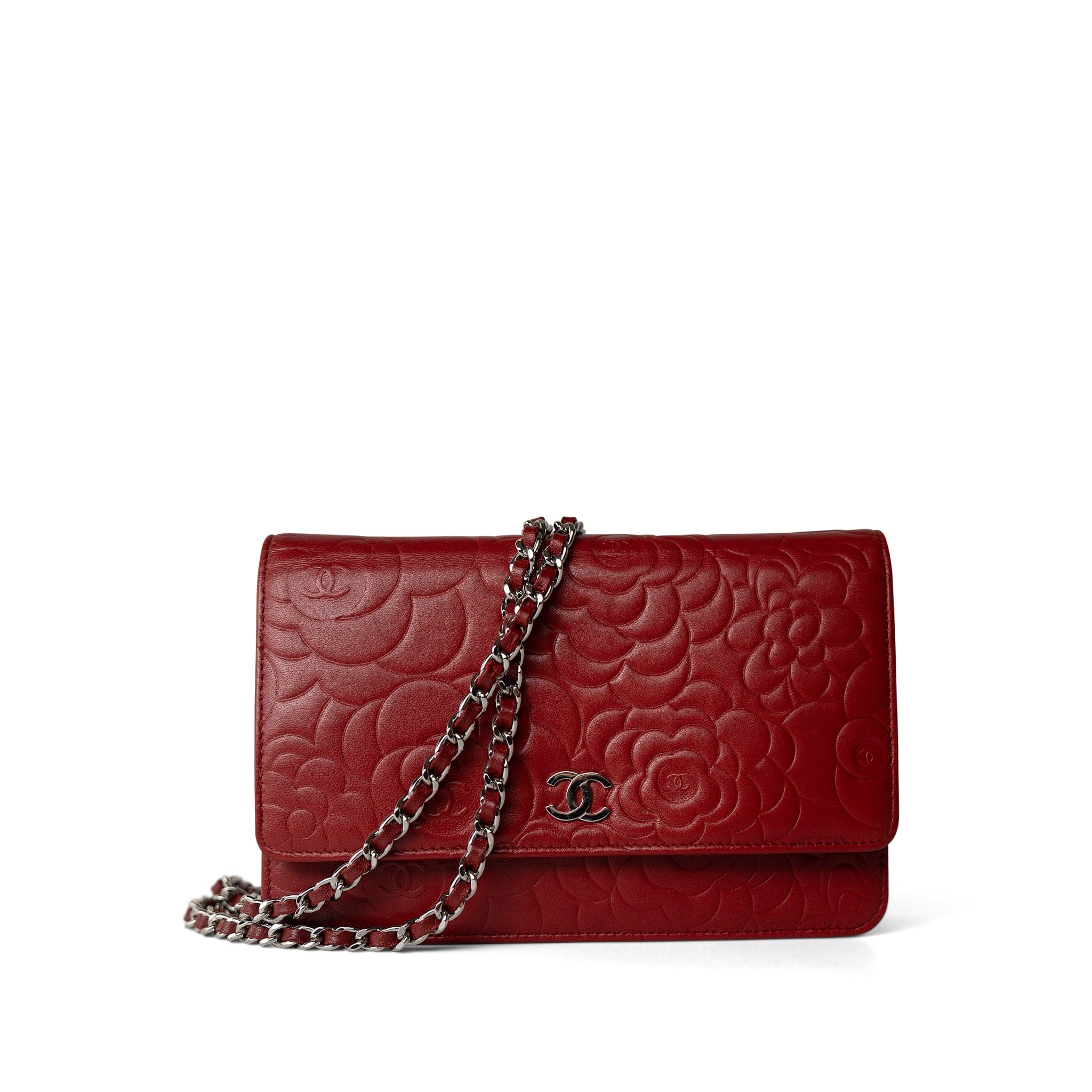 CHANEL Handbag Red Dark Red Camellia Lambskin Wallet on Chain Silver Hardware - Redeluxe