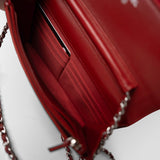 CHANEL Handbag Red Dark Red Camellia Lambskin Wallet on Chain Silver Hardware - Redeluxe