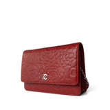 CHANEL Handbag Red Dark Red Camellia Lambskin Wallet on Chain Silver Hardware - Redeluxe