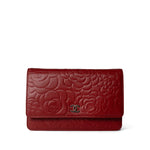CHANEL Handbag Red Dark Red Camellia Lambskin Wallet on Chain Silver Hardware - Redeluxe