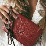 CHANEL Handbag Red Dark Red Camellia Lambskin Wallet on Chain Silver Hardware - Redeluxe