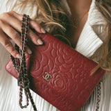 CHANEL Handbag Red Dark Red Camellia Lambskin Wallet on Chain Silver Hardware - Redeluxe