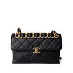 CHANEL Handbag Seasonal / Black Black Lambskin Quilted Chain Infinity Single Flap Antique Gold Hardware - Redeluxe