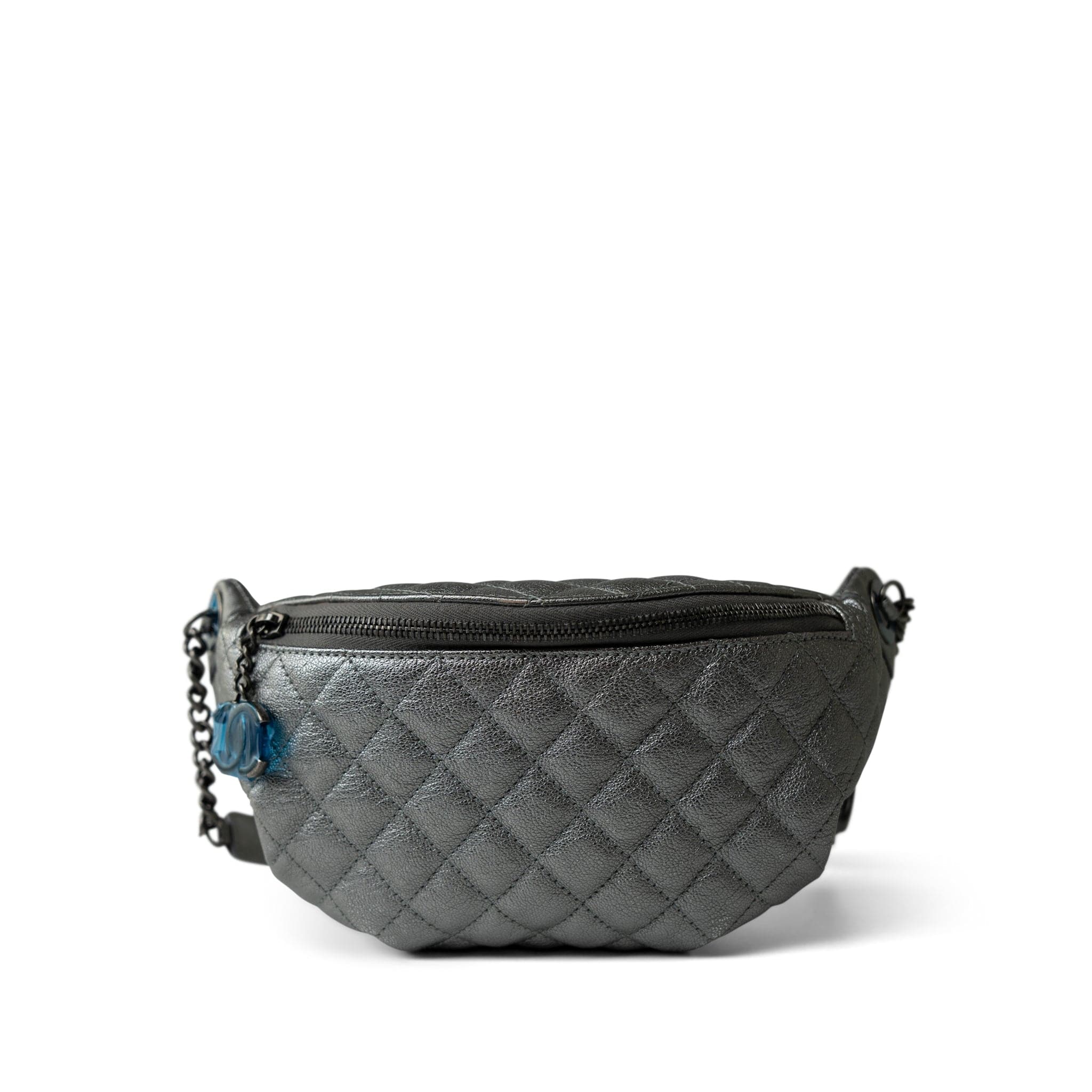 CHANEL Handbag Silver Metallic Calfskin Quilted Banane Waist Bag Ruthenium Hardware - Redeluxe