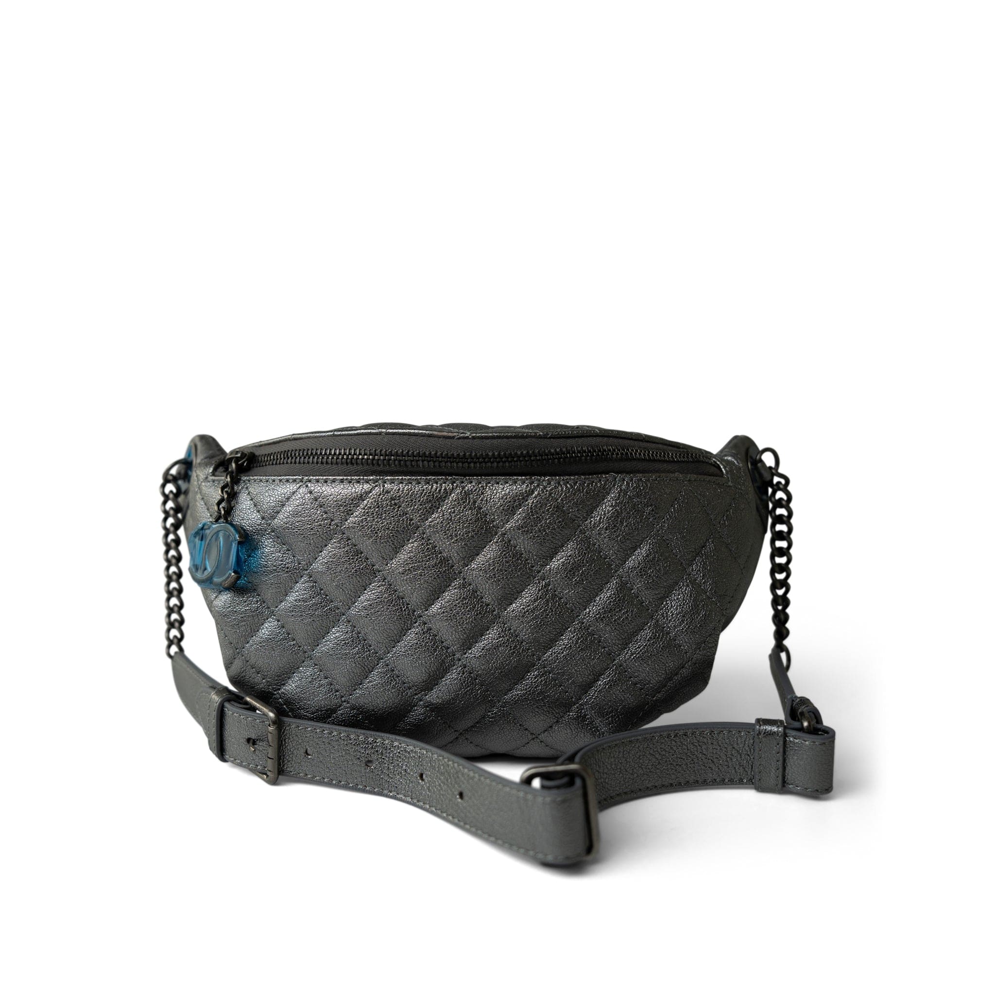 CHANEL Handbag Silver Metallic Calfskin Quilted Banane Waist Bag Ruthenium Hardware - Redeluxe