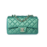 CHANEL Handbag Single flap / Green 22A Iridescent Green Lambskin Quilted Mini Rectangular Single Flap Light Gold Hardware - Redeluxe