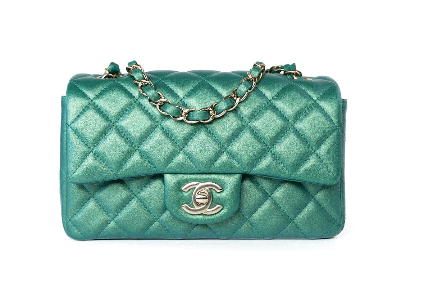 CHANEL Handbag Single flap / Green 22A Iridescent Green Lambskin Quilted Mini Rectangular Single Flap Light Gold Hardware - Redeluxe