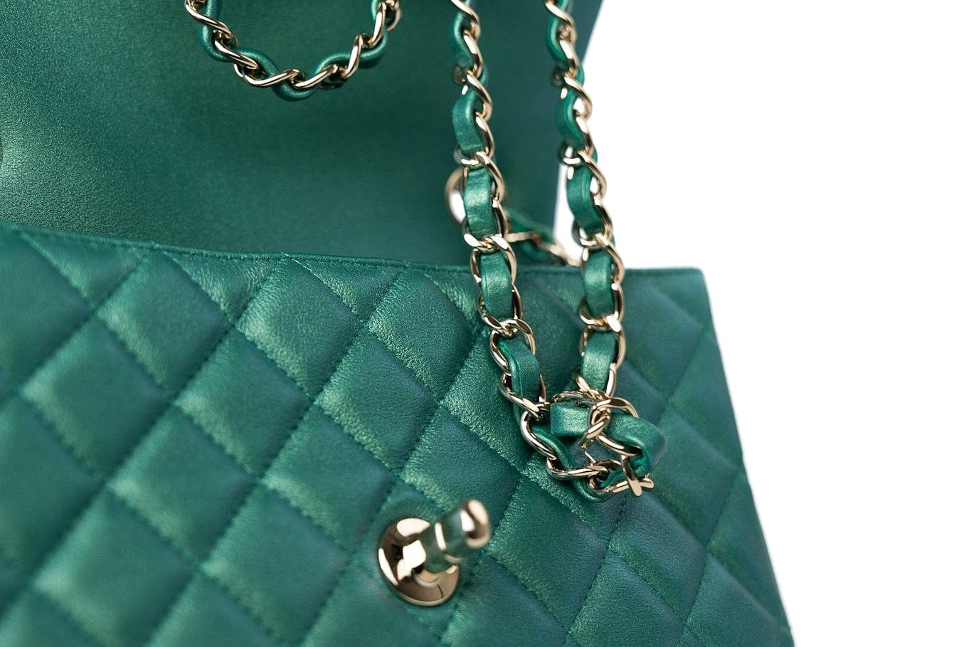 CHANEL Handbag Single flap / Green 22A Iridescent Green Lambskin Quilted Mini Rectangular Single Flap Light Gold Hardware - Redeluxe