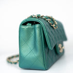 CHANEL Handbag Single flap / Green 22A Iridescent Green Lambskin Quilted Mini Rectangular Single Flap Light Gold Hardware - Redeluxe