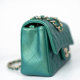 CHANEL Handbag Single flap / Green 22A Iridescent Green Lambskin Quilted Mini Rectangular Single Flap Light Gold Hardware - Redeluxe