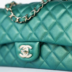 CHANEL Handbag Single flap / Green 22A Iridescent Green Lambskin Quilted Mini Rectangular Single Flap Light Gold Hardware - Redeluxe