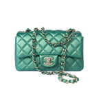 CHANEL Handbag Single flap / Green 22A Iridescent Green Lambskin Quilted Mini Rectangular Single Flap Light Gold Hardware - Redeluxe