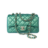 CHANEL Handbag Single flap / Green 22A Iridescent Green Lambskin Quilted Mini Rectangular Single Flap Light Gold Hardware - Redeluxe