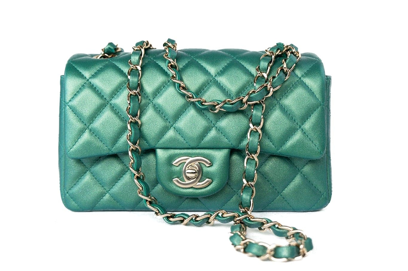 CHANEL Handbag Single flap / Green 22A Iridescent Green Lambskin Quilted Mini Rectangular Single Flap Light Gold Hardware - Redeluxe