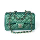 CHANEL Handbag Single flap / Green 22A Iridescent Green Lambskin Quilted Mini Rectangular Single Flap Light Gold Hardware - Redeluxe