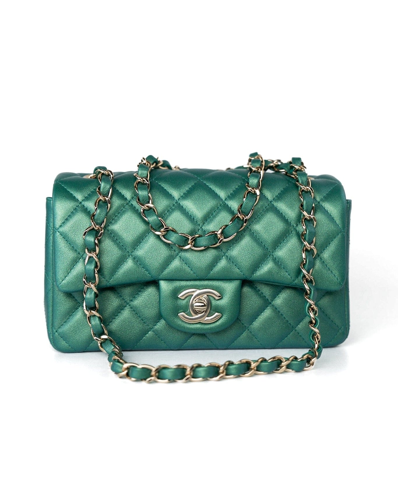 CHANEL Handbag Single flap / Green 22A Iridescent Green Lambskin Quilted Mini Rectangular Single Flap Light Gold Hardware - Redeluxe