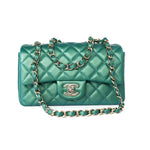 CHANEL Handbag Single flap / Green 22A Iridescent Green Lambskin Quilted Mini Rectangular Single Flap Light Gold Hardware - Redeluxe