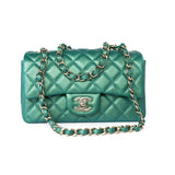 CHANEL Handbag Single flap / Green 22A Iridescent Green Lambskin Quilted Mini Rectangular Single Flap Light Gold Hardware - Redeluxe