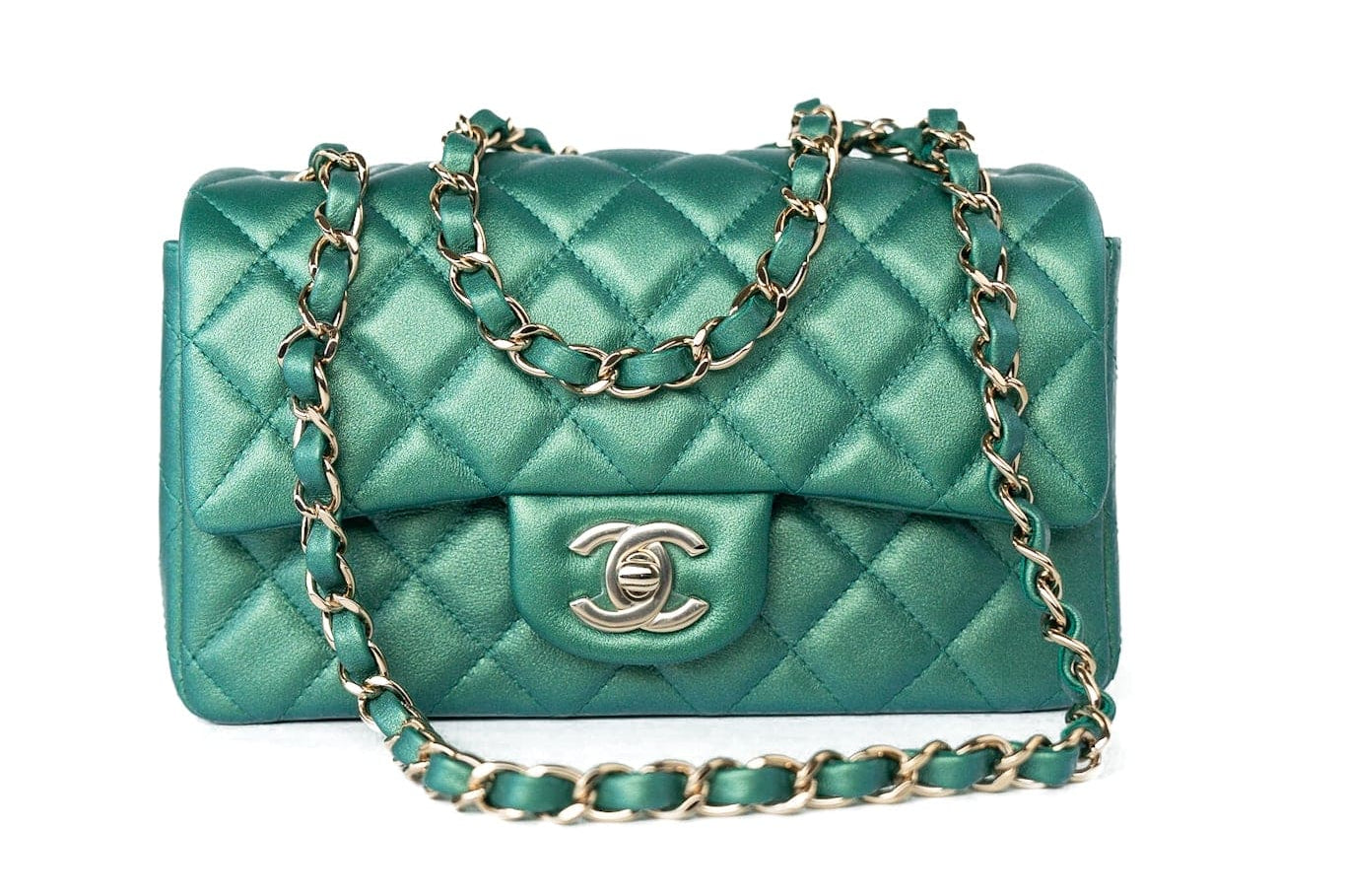 CHANEL Handbag Single flap / Green 22A Iridescent Green Lambskin Quilted Mini Rectangular Single Flap Light Gold Hardware - Redeluxe