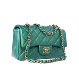 CHANEL Handbag Single flap / Green 22A Iridescent Green Lambskin Quilted Mini Rectangular Single Flap Light Gold Hardware - Redeluxe