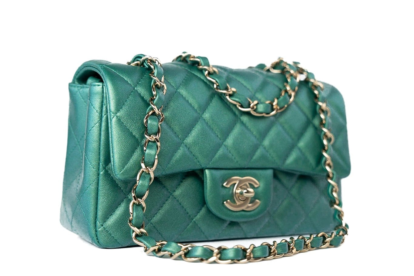 CHANEL Handbag Single flap / Green 22A Iridescent Green Lambskin Quilted Mini Rectangular Single Flap Light Gold Hardware - Redeluxe