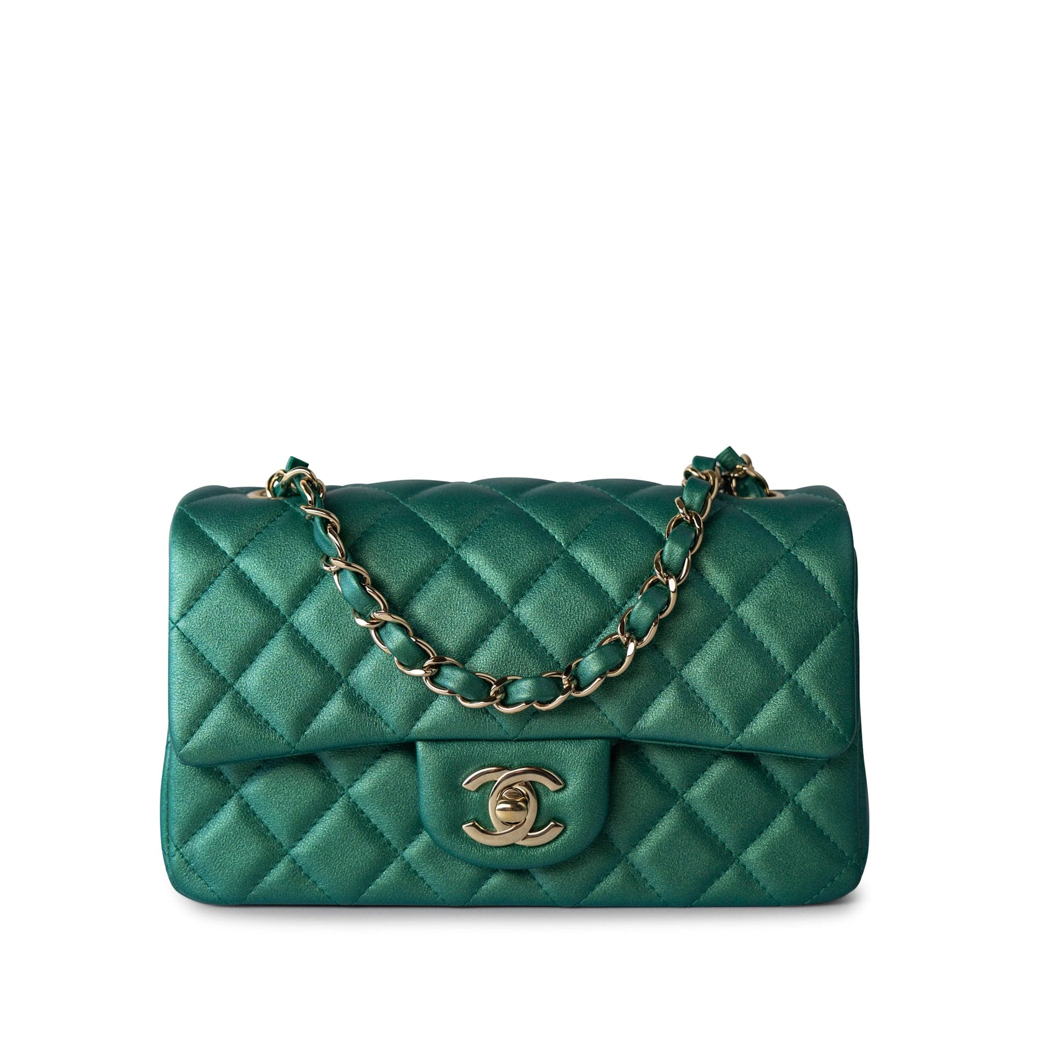 CHANEL Handbag Single flap / Green 22A Iridescent Green Lambskin Quilted Mini Rectangular Single Flap Light Gold Hardware - Redeluxe