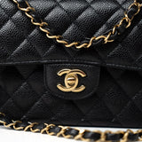 CHANEL Handbag Small Black Caviar Quilted Classic Flap Gold Hardware - Redeluxe