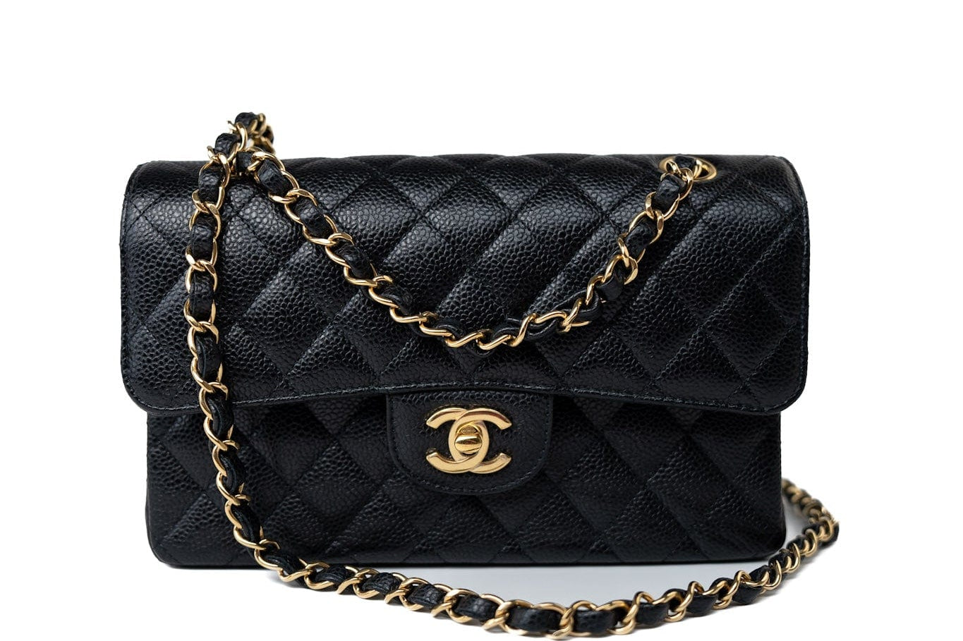 CHANEL Handbag Small Black Caviar Quilted Classic Flap Gold Hardware - Redeluxe