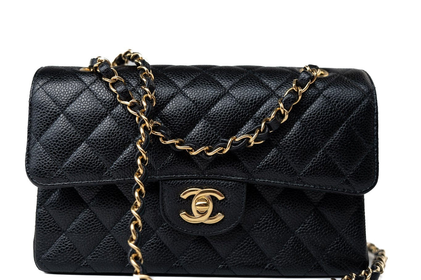 CHANEL Handbag Small Black Caviar Quilted Classic Flap Gold Hardware - Redeluxe