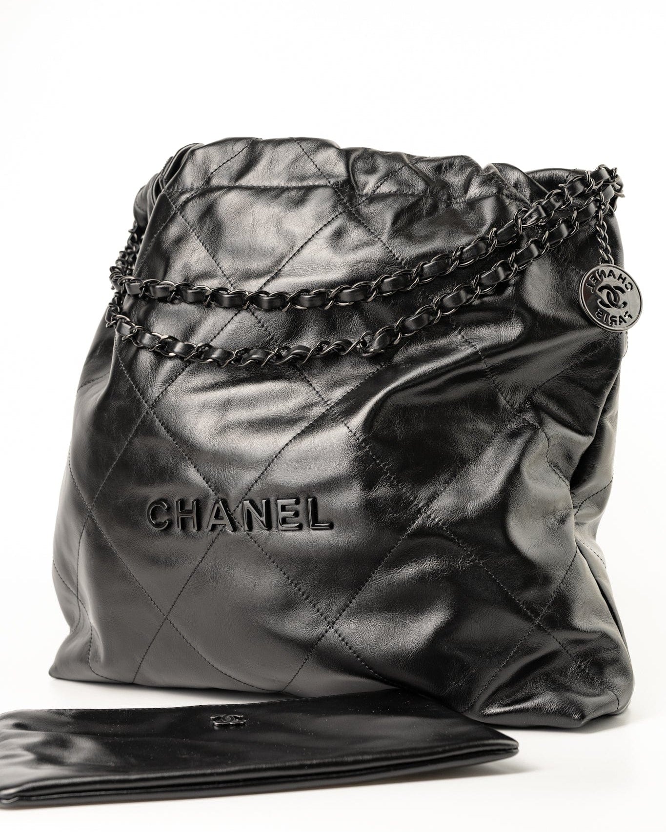 CHANEL Handbag So Black Calfskin Quilted Drawstring 22 Bag medium Black Hardware - Redeluxe