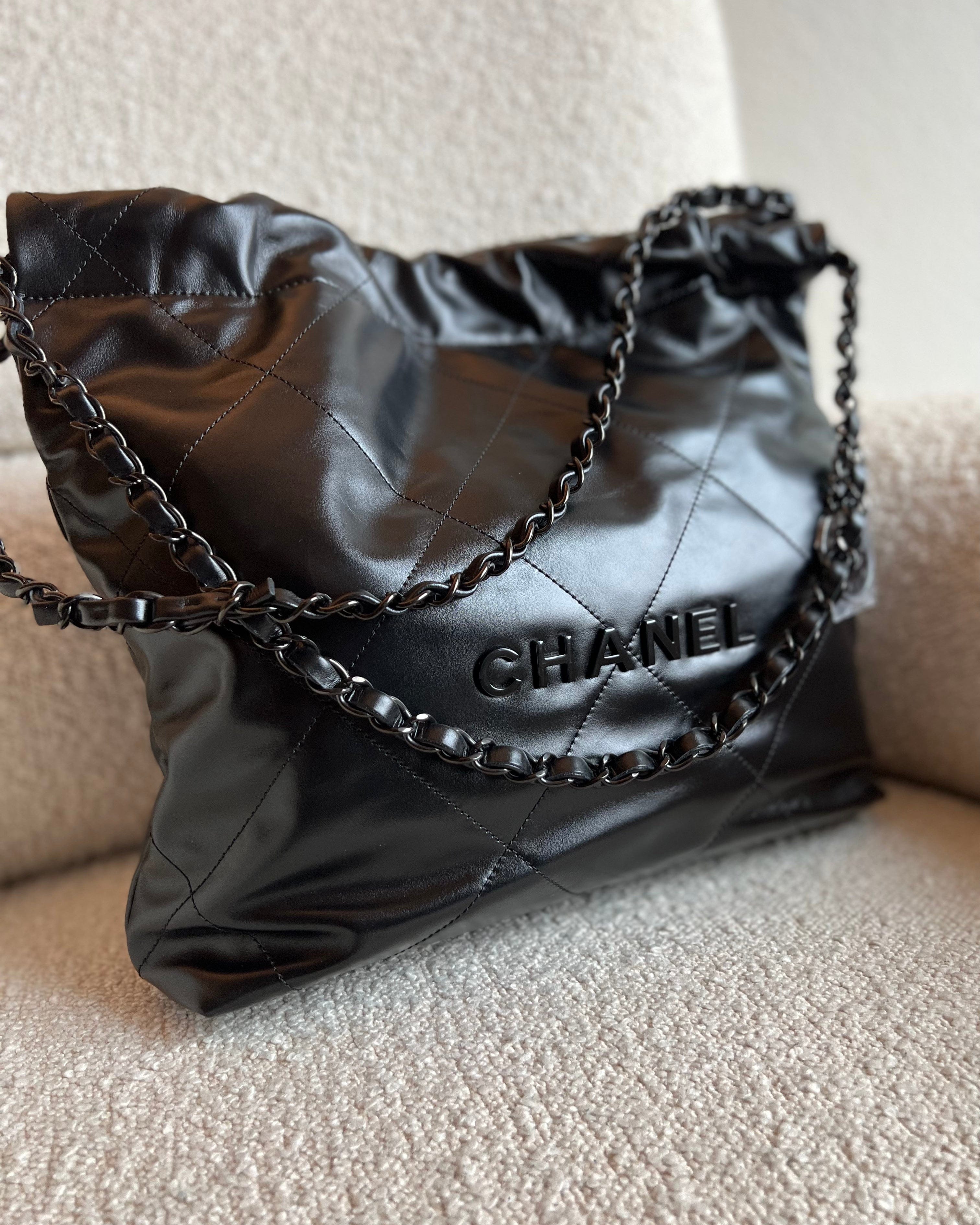 CHANEL Handbag So Black Calfskin Quilted Drawstring 22 Bag small Black Hardware - Redeluxe